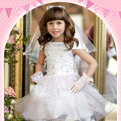 Image of Bencailor 5pcs First Communion Costume Accessories Set Lace Gloves with Hair Comb Pearl Necklace Bracelet Earrings(Bleached Pearl,Lovely)