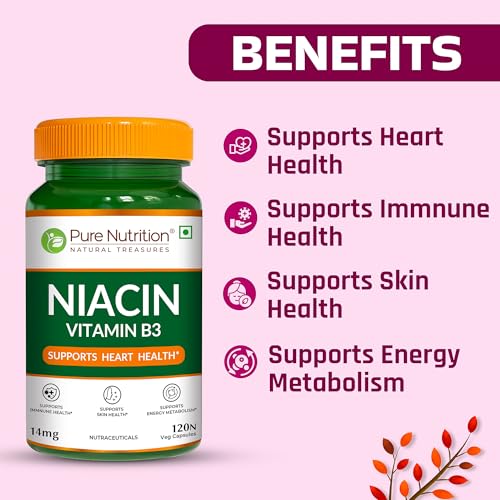 Image of Pure Nutrition Niacin Vitamin B3 Supplement 14 mg | Vitamin B3 Niacinamide Supplements Supports Immune Function, Cellular Energy, Skin Health & Energy Metabolism - 120 Veg Capsules