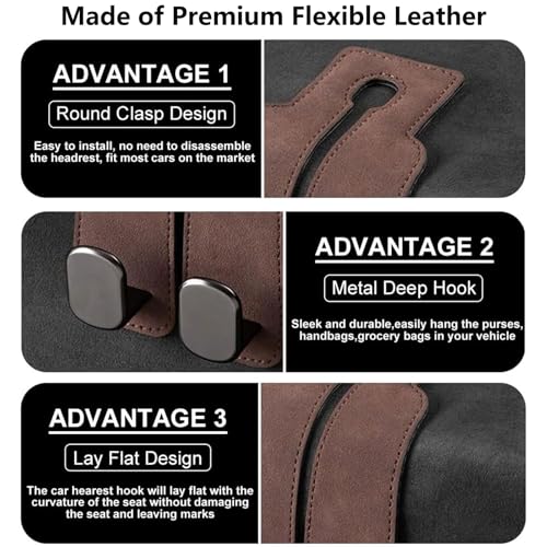 Image of 2 Pack Brown Leather Car Headrest Hooks Purse Bag Storage Holders for Car Seats