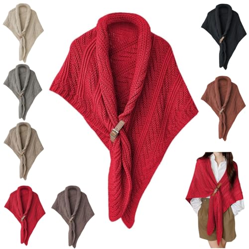 Zyzzephyr Chal Triangular De Punto Con Hebilla De Cuero, Bufanda Triangular De Cuero Con Hebilla De Chal Para Mujer, Bufanda Triangular (Rojo)