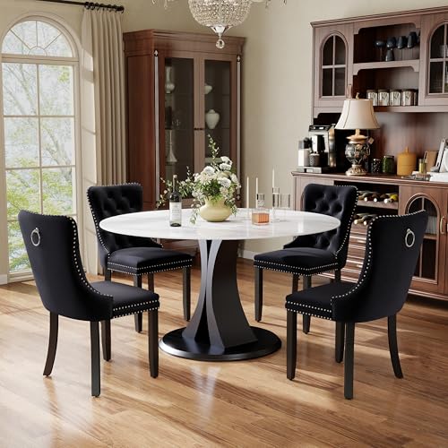 Image of 5-Piece Dining Table Set with 47In Faux Marble Table and 4 Velvet Upholstered Chairs, Modern Scandinavian Furniture for Dining Room Kitchen(Black)