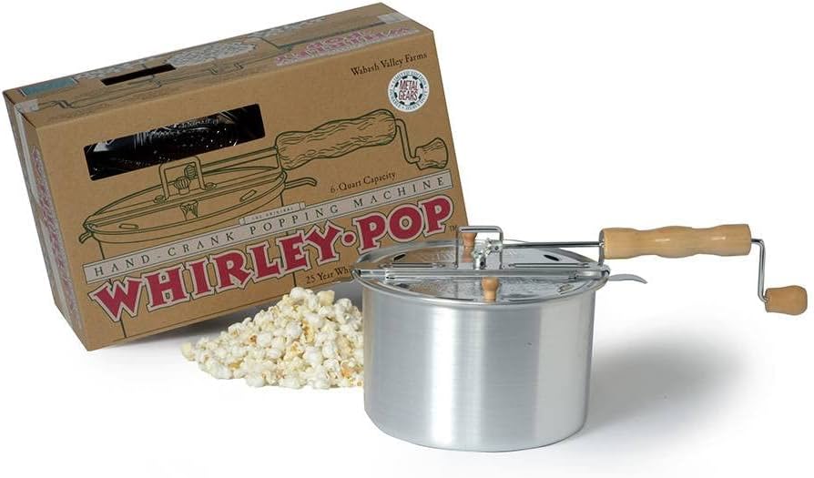 Original Whirley Pop Popcorn Maker- Silver 6 Qt Aluminum Popcorn Maker with Metal Gear, Wabash Family Farms, With Included Good Time Guide