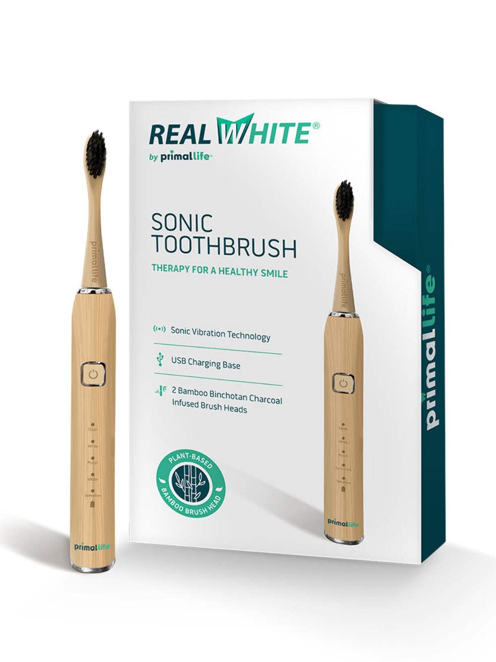 Cepillo de dientes sónico con vibración Primal Life Organics, blanco auténtico, con infusión de carbón de bambú, ecológico y sin OMG.