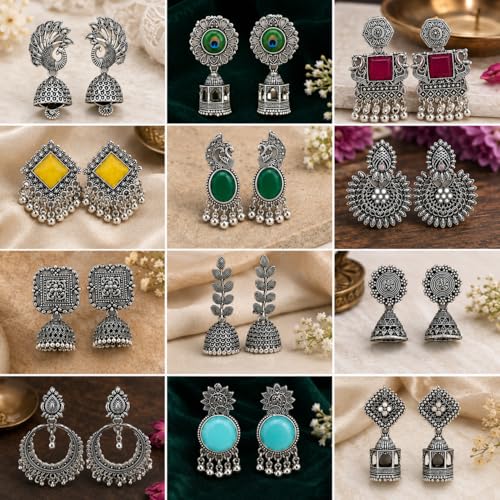 Image of Shining Diva Fashion 12 Pairs Oxidised Silver Earrings Set for Women with Jewellery Organisers Foldable Organizer Box | Traditional Afghani Stylish Jhumka Earring Gifts for Girls (17480er BOX1025)
