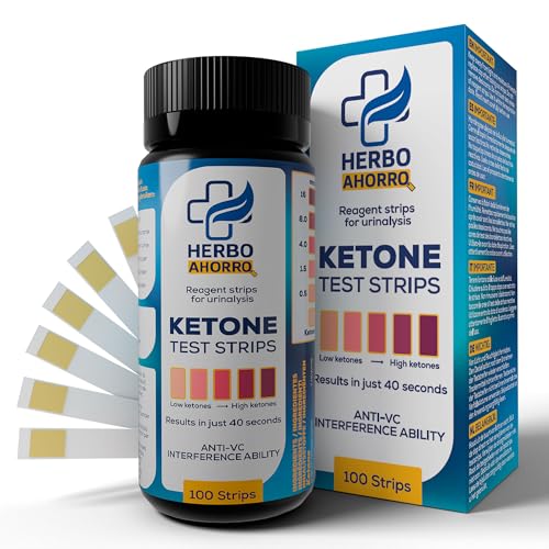 Tiras para medir Cetonas en orina - Cetosis, dieta Keto, medición de cetonas precisa, dieta cetogénica - 100 tiras reactivas para medir las cetonas - HerboAhorro
