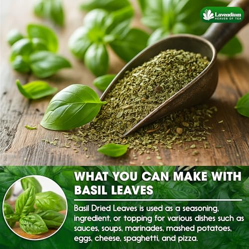 Image of Lavendium, Premium 8oz Dried Basil Leaves, 100% Natural & Pure Basil Herb, No Additives or Preservatives, Non-GMO, Plant-Based & Vegan, Perfect for Pasta, Pizza, Pesto & Italian Cooking