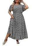 Nemidor Womens Plus Size Boho Ditsy Floral Print Casual Layered Flared Maxi Dress with Pocket NEM304(20,Black Print)