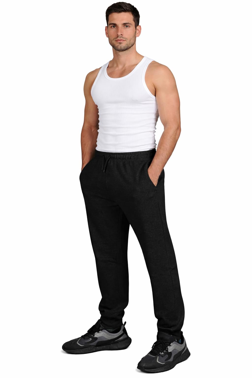 True Face Mens Fleece Joggers Jogging Ribbed Bottoms Sweatpants with Zip Pockets Casual Elasticated Pants Tracksuit Trousers for Workouts and Sports Black XXL