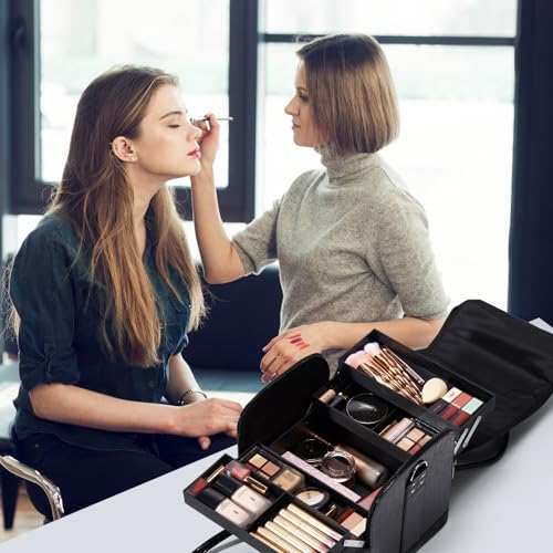 Foto von Kosmetikkoffer Schminkkoffer Große Make-Up Tasche Kosmetik Multikoffer, Faltbare Und Abnehmbare Kunststoffebox Innen, Mit Schultergurt, Glanz Schwarz