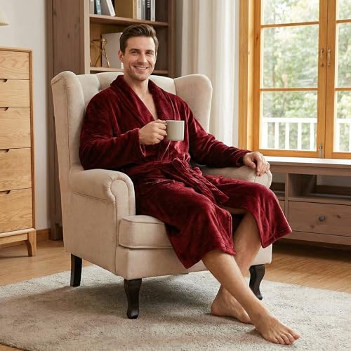 Image of U2SKIIN Mens Fleece Robe Plush Collar Shawl Bathrobe