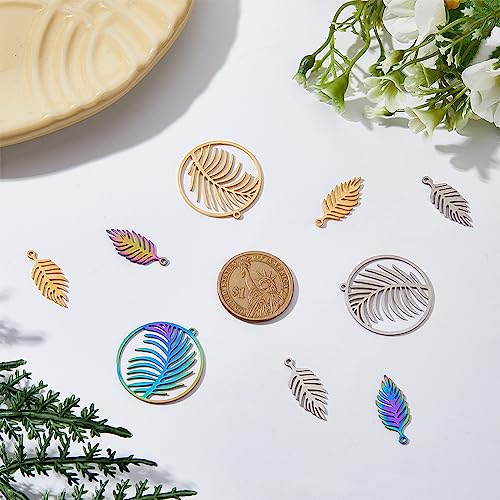 DICOSMETIC 12Pcs 3 Colors Palm Leaf Pendant Hawaii Palm Tree Charms Summer Theme Charms Tropical Laser Cut Pendant Ring with Leaf Charms Stainless Steel Pendant for Jewelry Making - Image 3