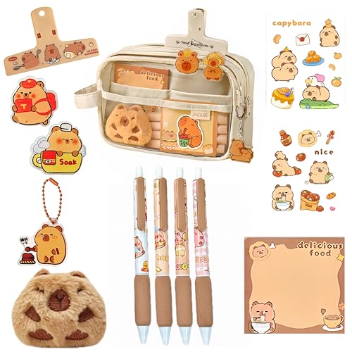 Image of Kawaii Capybara Pencil Case Kit with Plush Toy +Notepad+Pendant+Stickers+Binder clips+Diary Clip+Pens, 5-Layer Large Capacity Capybara Stationery Set Gifts for Office, Makeup. (White)