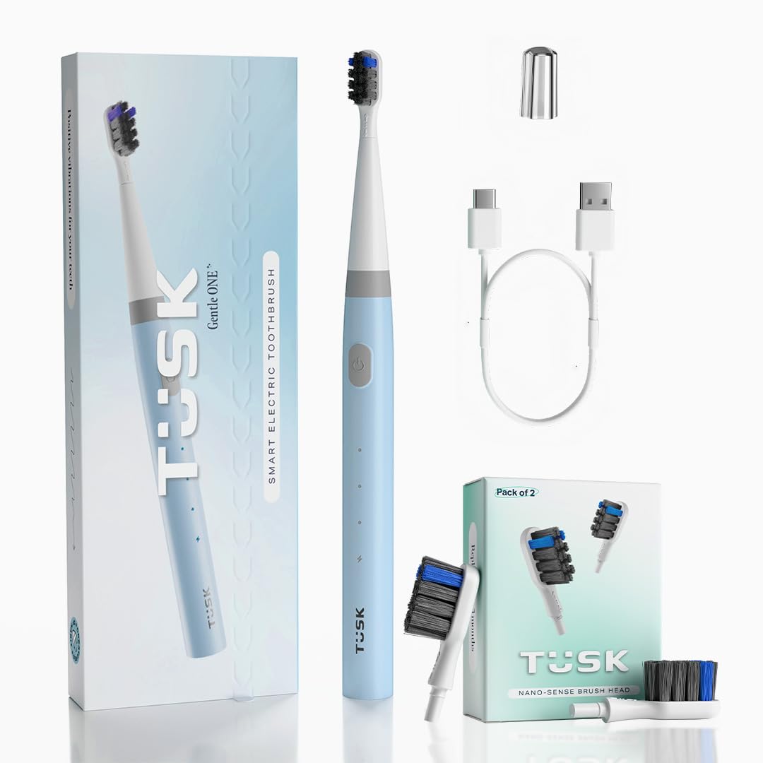 Tusk Gentle One Electric Toothbrush with 2 Replaceable Soft Brush Heads - USB-C Rechargeable, 24,000 Sonic Vibrations, 60-day Battery Life, 3 brushing Modes - Purple