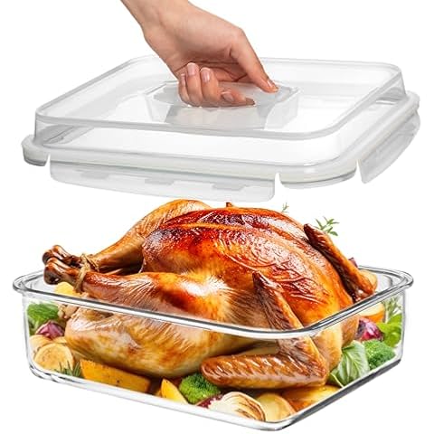 4800 ML / 163 oz / 21 Cup LARGE Glass Food Storage Container with Airtight Locking Lid. Ideal Storing food, Vegetables, Fruits. Baking Casserole, Lasagna, Roasting Turkey, Chicken BPA Free Oven Safe Cover