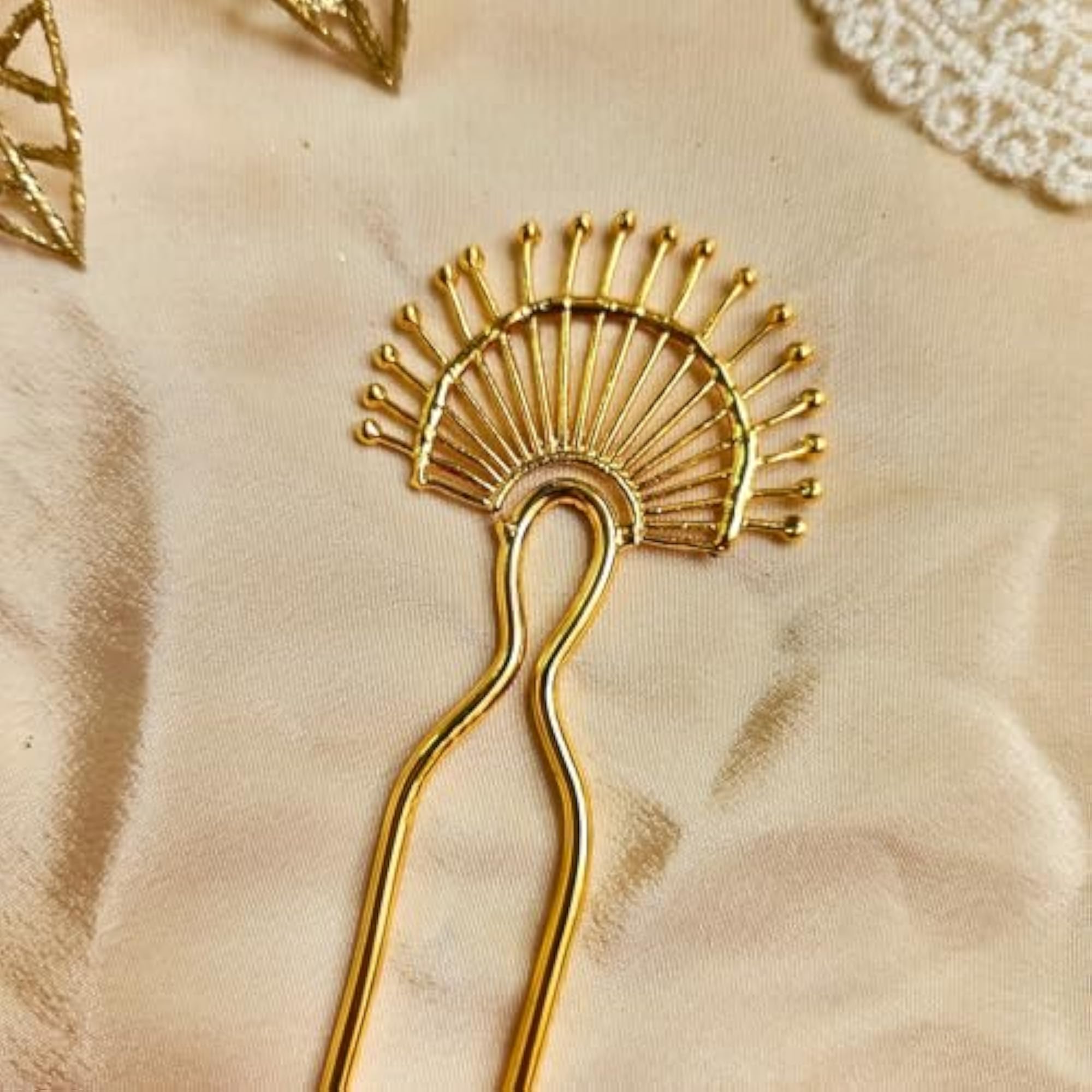 Traditional Gold-Tone Brass Sun Design Hair Bun Pin, Elegant Accessory