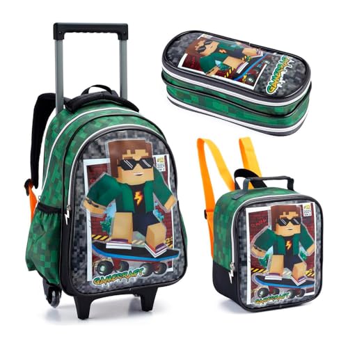Kit Mochila De Rodinhas 2 em 1 Lancheira Estojo Gamecraft
