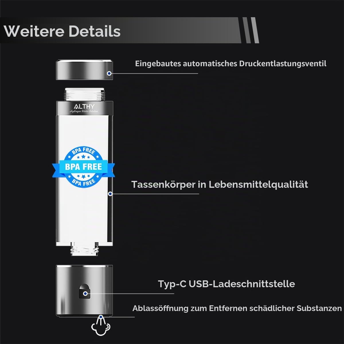 ALTHY Performance Wasserstoff-Wassergenerator-Flasche, Bionics SPE#PEM Dual Chamber Technologie, PPB & Time & Battery Display Screen
