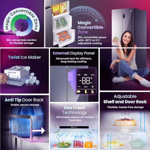 Image of Haier 520L 3 Star Lumiere French Door 4-Door Side by Side Frost Free Refrigerator | Convertible Magic Zone | Inverter | Digital Display Panel | Deo Fresh Technology (HRB-600IS, Inox Steel)
