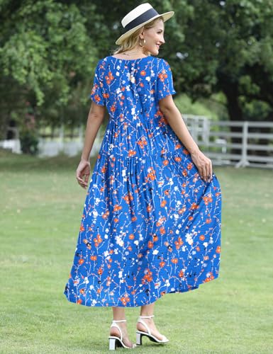 Image of YESNO Women Casual Loose Bohemian Floral Dress with Pockets Short Sleeve Long Maxi Summer Beach Swing Dress EJF