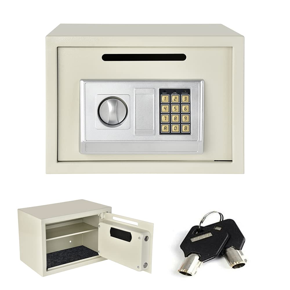 Electronic Safe, 16L Security Safebox with Digital Keypad and Emergency Override Key, Front Loading Coin Slot Cabinet Safes for Home Office Hotel, 35x25x25cm, White