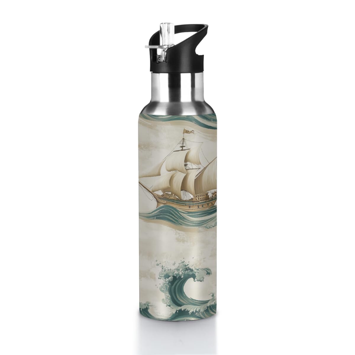VQUVQV 600ml Water Bottle Stainless Steel Sports Drinks Bottle with Straw Lid, Nautical Compasses Ships Insulated Bottles Vacuum Flask for Running Cycling Hiking