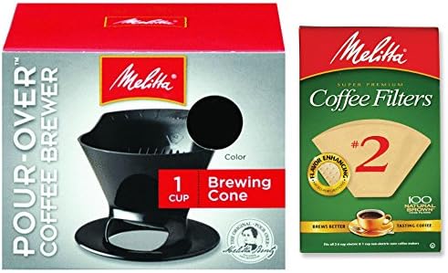 Melitta Pour Over Coffee Cone Brewer & #2 Filter Natural Brown Combo Set, Black