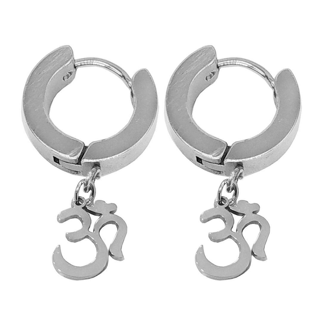 Om Charm Drop Huggie Earring Silver Stainless Steel Hoop Earring