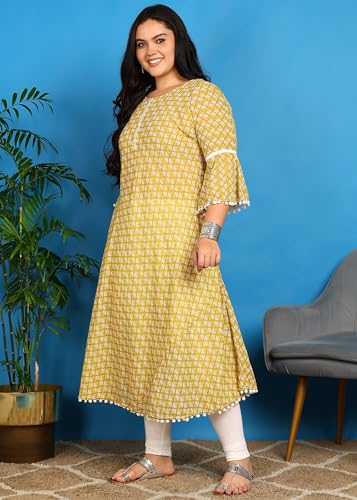 Image of Yash Gallery Women's Cambric Cotton Printed Kurta Mirror Work A-Line, Perfect Ethnic Wear