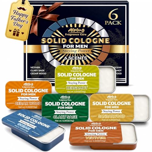 6 Pack Solid Cologne Gifts for Men, Fathers Day Gift for Dad Husband from Wife Daughter, Mens Cologne Gifts with Cedar Wood, Bergamot, Sandalwood, Clary Sage, Vetiver, Ocean Perfume, Travel Gift