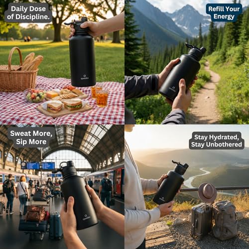 Image of Speedex Vacuum Insulated Stainless Steel Water Bottle 2 Litre (2000ml / 2L / 2 Ltr) with 2-in-1 Lid (Straw & Spout), Hot & Cold Leakproof Thermosteel Travel Flask for Gym & Outdoor (Black)