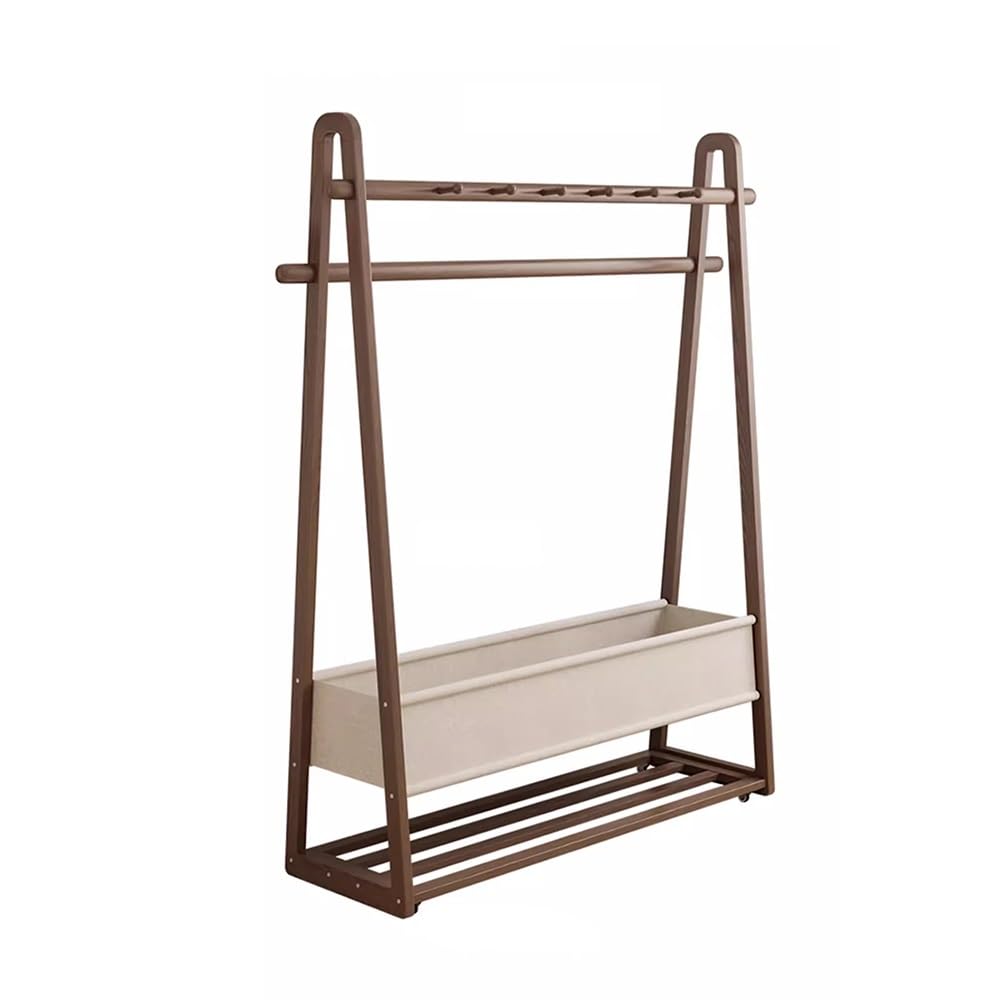 Massivholzgarderobe mit Rädern, mobiles Aufbewahrungsregal, Eingang und Schlafzimmer, Hängeorganizer, Baumstil-Design, Stofftasche, groß, Walnussholz-Finish