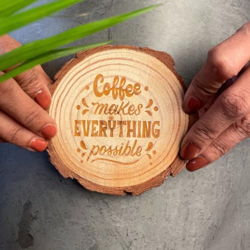 Image of Giftana Wooden Coaster Set with Engraved Quote - inchCoffee Makes Everything Possible inch Round Coasters for Home & Office, Eco-Friendly, Non-Slip Drink for Dinning Table, 4 Inches Diameter- Set of 2