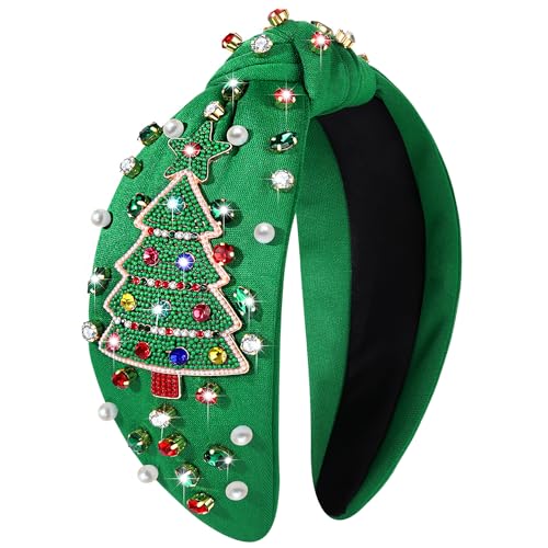 Women's Jeweled Plaid Embellished Crystal Pearl Knotted Wide Top Knot Headband - Holiday and Christmas Hair Accessory Gift (Big Xmas Tree 2)