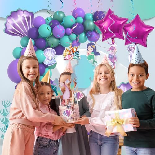Image of Rozi Decoration Mermaid Theme Balloons for Birthday Set - 96 Pcs Hanging Swirls, Cake Topper, Foil & Latex Balloons Kit | Mermaid Theme Birthday Decorations