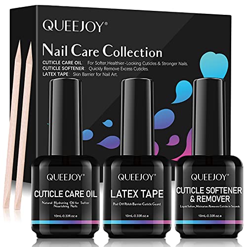 QUEEJOY Cuticle Remover Nail Care Kit - Latex Tape Peel Off Liquid 3 Pack Quick Easy Remove Set - Cuticle Oil Repairing Treatment for Soak-Off UV Gel Nail Polish