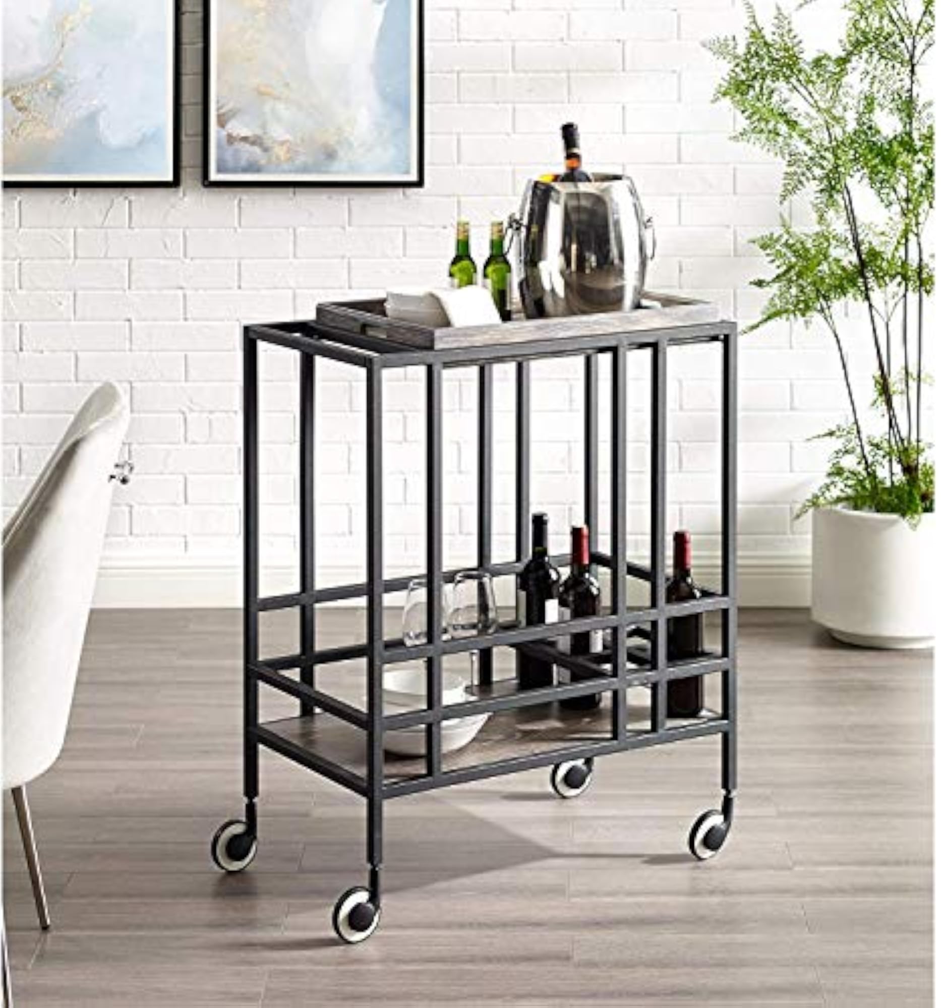 Home Black Bar Cart, Removable Serving Tray, Wine Storage
