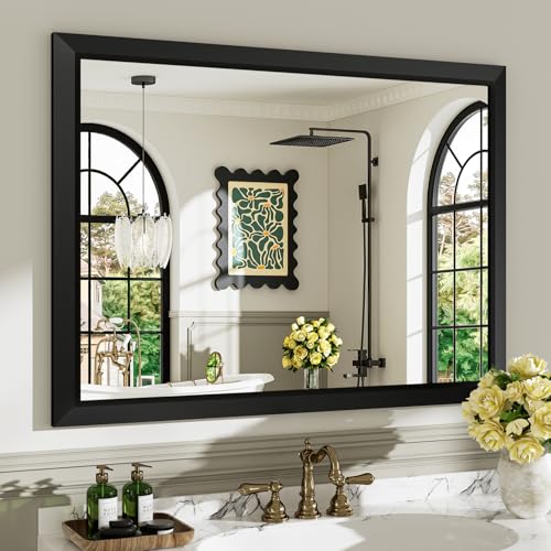Image of 40x30 Inch Black Bathroom Mirror for Wall, Beveled Framed Rectangle Bathroom Vanity Mirrors for Over Sink, Bedroom, Living Room, Entryway, Anti-Rust, HD Tempered Glass, Horizontally /Vertically