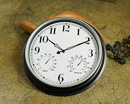 Rsobl 16 Inch Large Indoor Outdoor Wall Clock,Waterproof Non-Ticking Clock With Thermometer And Hygrometer Combo,Battery Operated Clock Wall Decorative- Silver #TOP3