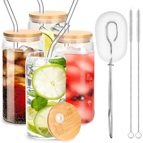 Longdrinkgläser Cocktailgläser mit Deckel und Strohhalm, Trinkgläser in Dosenform 473ml/16oz, Beer can Glas dosenform, Glasbecher Trinkglas für Iced Coffee, Bier, Smoothies, Cocktail, Soda(4 Pcs) Cover