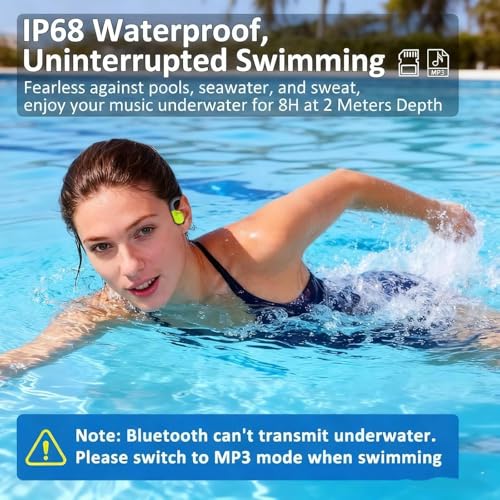 Image of Swimming Headphones, IP68 Waterproof Bone Conduction Headphones, Bluetooth 6.0&MP3 with32GB Memory Card, Skin Open Ear Swim Earbuds with Adjustable Headband for Swim Cap /Hat, Magnetic Charging(Green)
