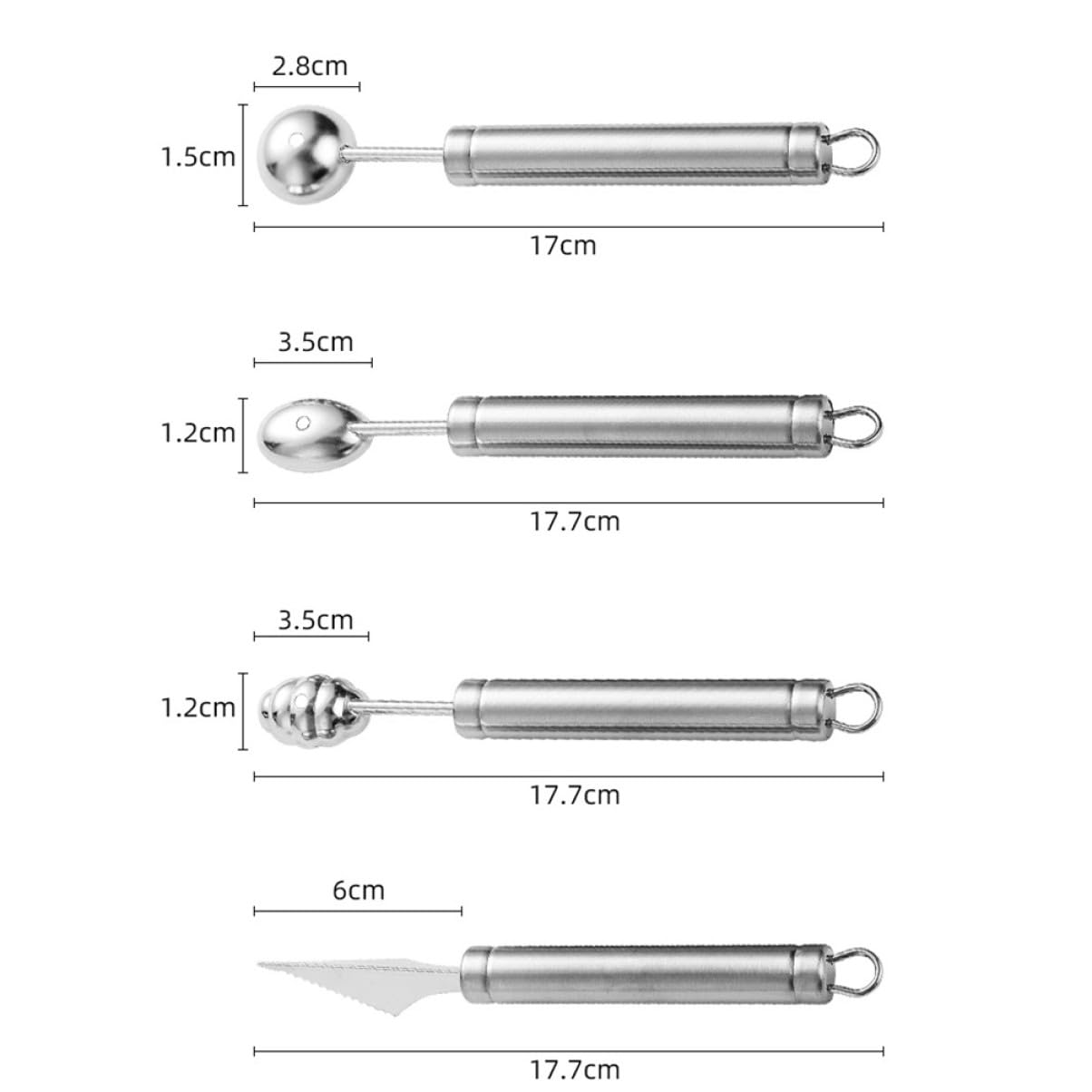 4 Stück Obstausstecher aus Edelstahl für Melonen, Silber | Kugellöffel für Obst, 304 Stück Edelstahl, Angenehmer Griff, Einfache Handhabung, für Küche und Dessert