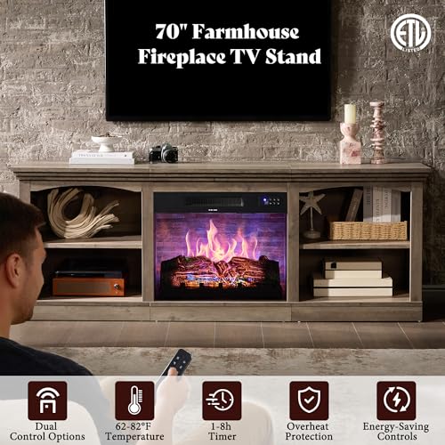 Image of AMERLIFE 70 inch Fireplace TV Stand with 23 inch Fireplace for TVs Up to 80 inch