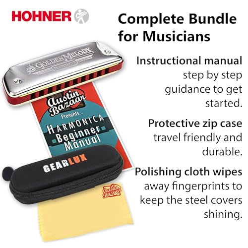 Hohner Golden Melody Harmonica – Key of C Bundle with Zip Case, Instructional Manual, and Austin Bazaar Polishing Cloth - Les Beatles, Paul McCartney, John Lennon, RIngo Starr, George Harrison Hohner Golden Melody Harmonica - Key of C Bundle with Zip Case, Instructional Manual, and Austin Bazaar Polishing Cloth – Image 7