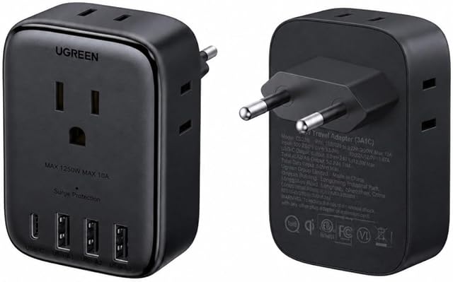 UGREEN European Travel Plug Adapter, International Travel Adapter with 4 AC Outlets 3 USB-A 1 USB-C Ports, 8 in 1 Type C Travel Essentials Plug Converter for Canada to EU Italy Greece Spain France