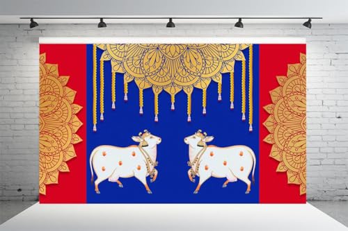 Image of Dhara Blue Red Cow Dhenu Backdrop Cloth for Pooja - 8ft x 5ft, Traditional Indian Poojas, Weddings, and Festivals. Washable Fabric