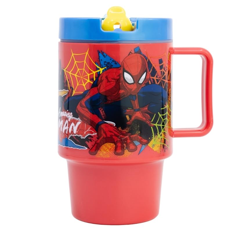 SRV Hub Spiderman Water Bottle/Mug for Boys 530ml | Leakproof Marvel Red Kids Drinking Cup with Flip Spout & Screw Lid | Durable BPA-Free Plastic | Essential School/Travel & Christmas Gifts