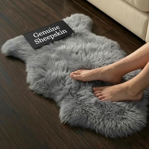 Khara Home Premium Genuine Sheepskin Rug – Soft & Fluffy Single Pelt (2’ x 3’) Grey Lambskin Area Rug for Bedroom, Living Room Or Chair Cover Sheepskin Throw – Made in Argentina
