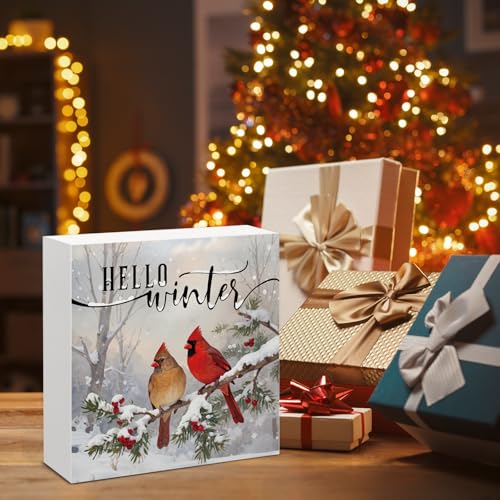 Image of Winter Cardinal Decor, Hello Winter Wood Box Sign, Farmhouse Christmas Home Office Decorations for Desk Table Shelf 5 X 5 Inches