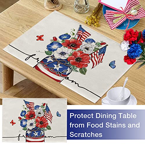 Seliem 4Th Of July Patriotic Poppy Floral Flower Placemats Set Of 4, Morning Glory American Flag Freedom Dining Table Place Mats, Summer Holiday Usa Kitchen Decor Home Decoration 12 X 18 Inch #TOP4