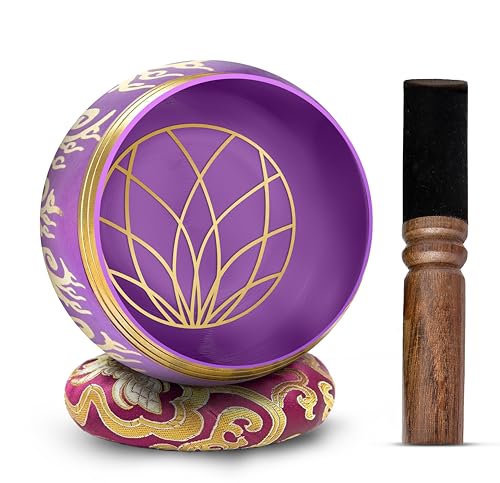 Image of Tibetan Singing Bowl Set - 4 inch Easy To Play Authentic Handmade For Meditation Sound 7 Chakra Healing By HIMALAYAN BAZAAR (Purple, 4 inch)